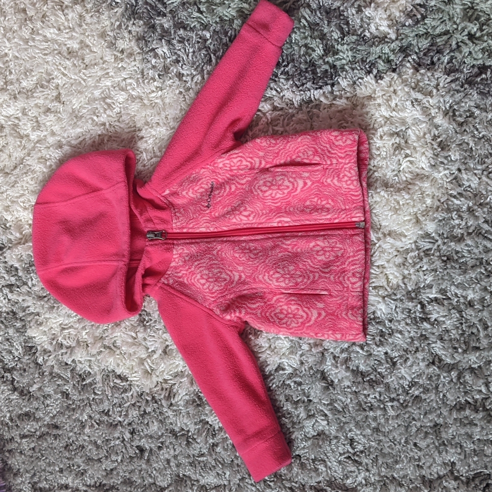 Girls Columbia fleece jacket with hood. 6-12 month